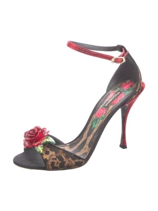 Leopard Crystal Rose Heels Sandals Pumps KEIRA Beige Black Size 39.5 IT 8.5 US - Picture 5 of 8